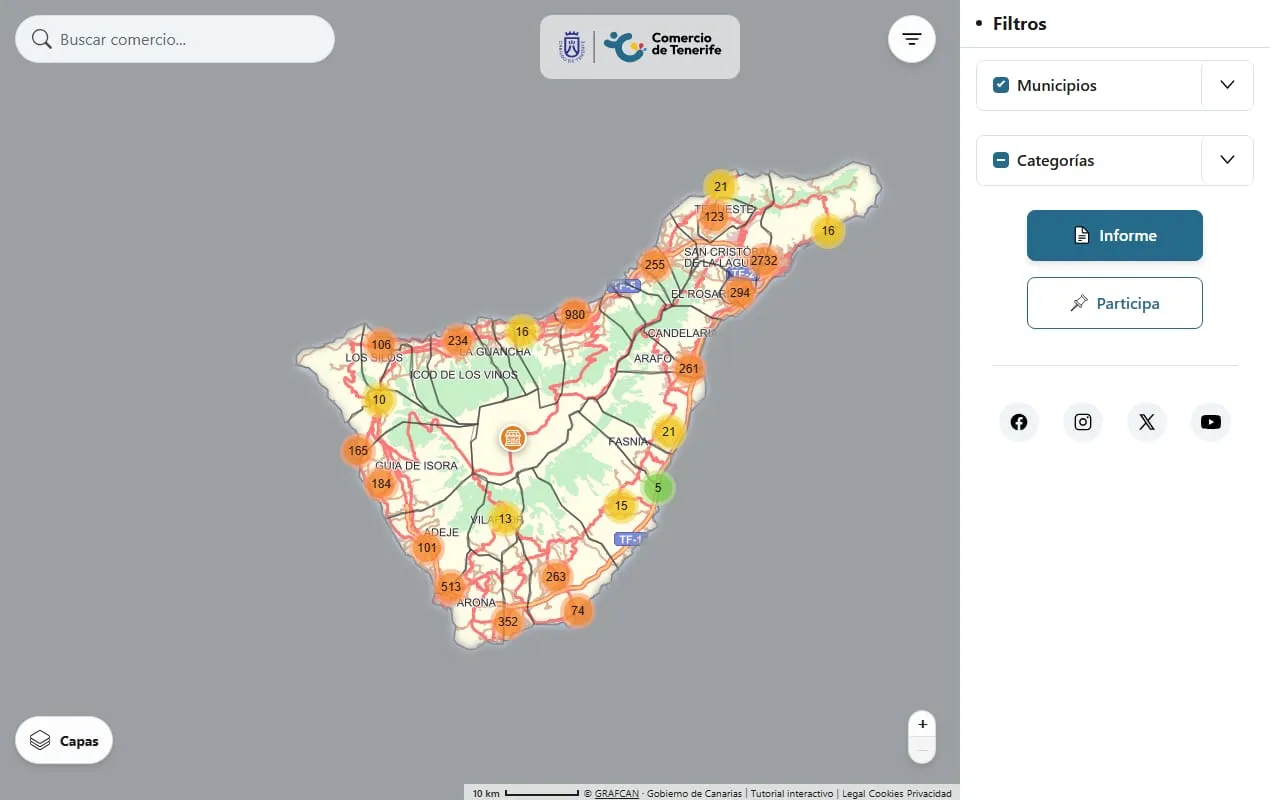El mapa interactivo de Tenerife con agrupaciones de comercios, buscador y panel de filtros